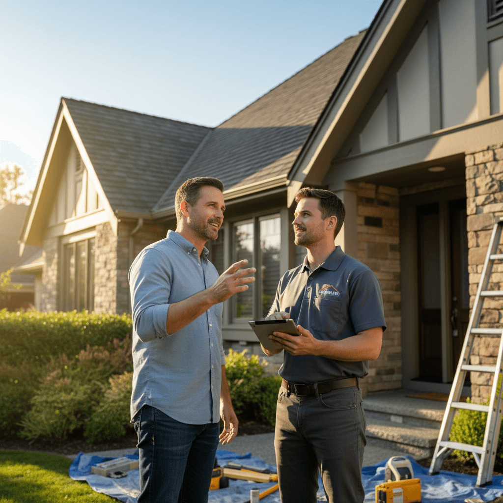 Homeowner and roofing professional discussing project in clear, bilingual communication