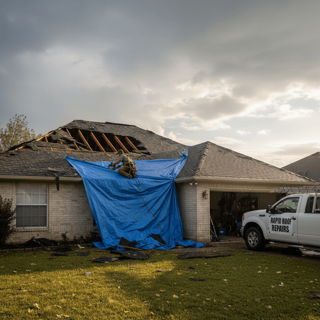 Roofer responding to emergency storm damage and securing damaged roof area