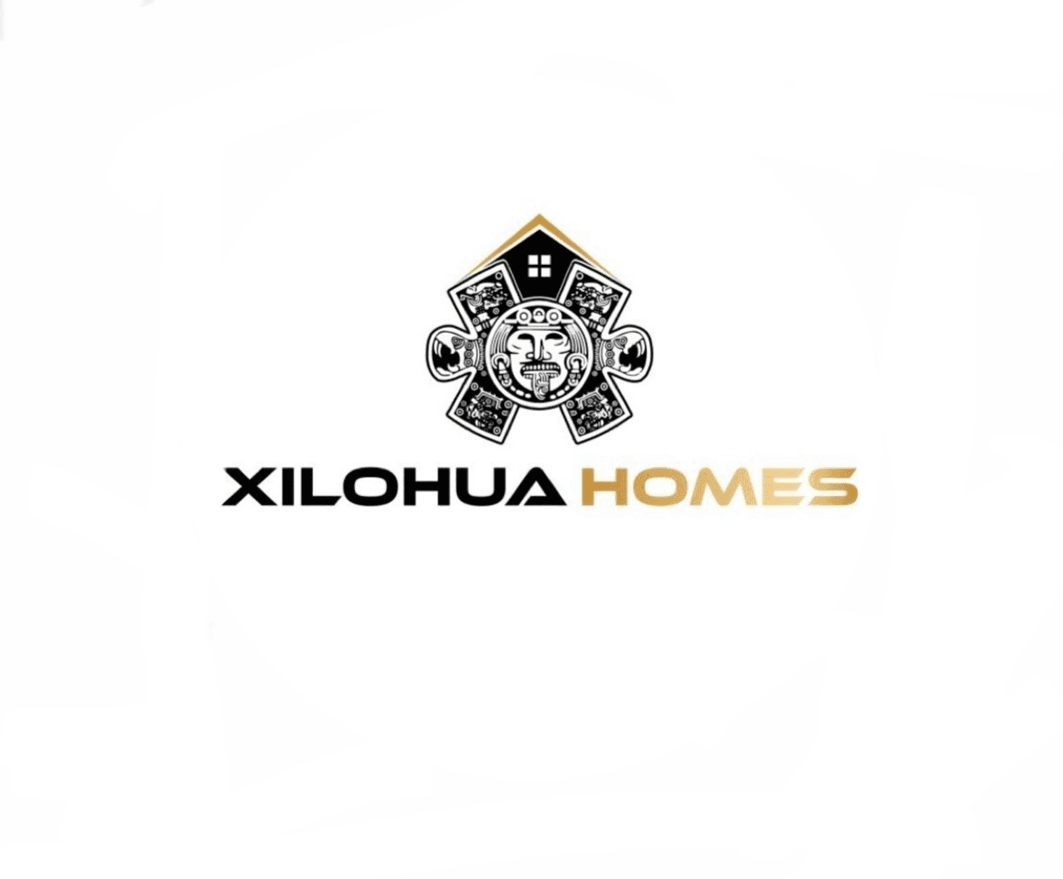 Xilohua Homes logo: Mayan-inspired face under a house roof, with black and gold text.