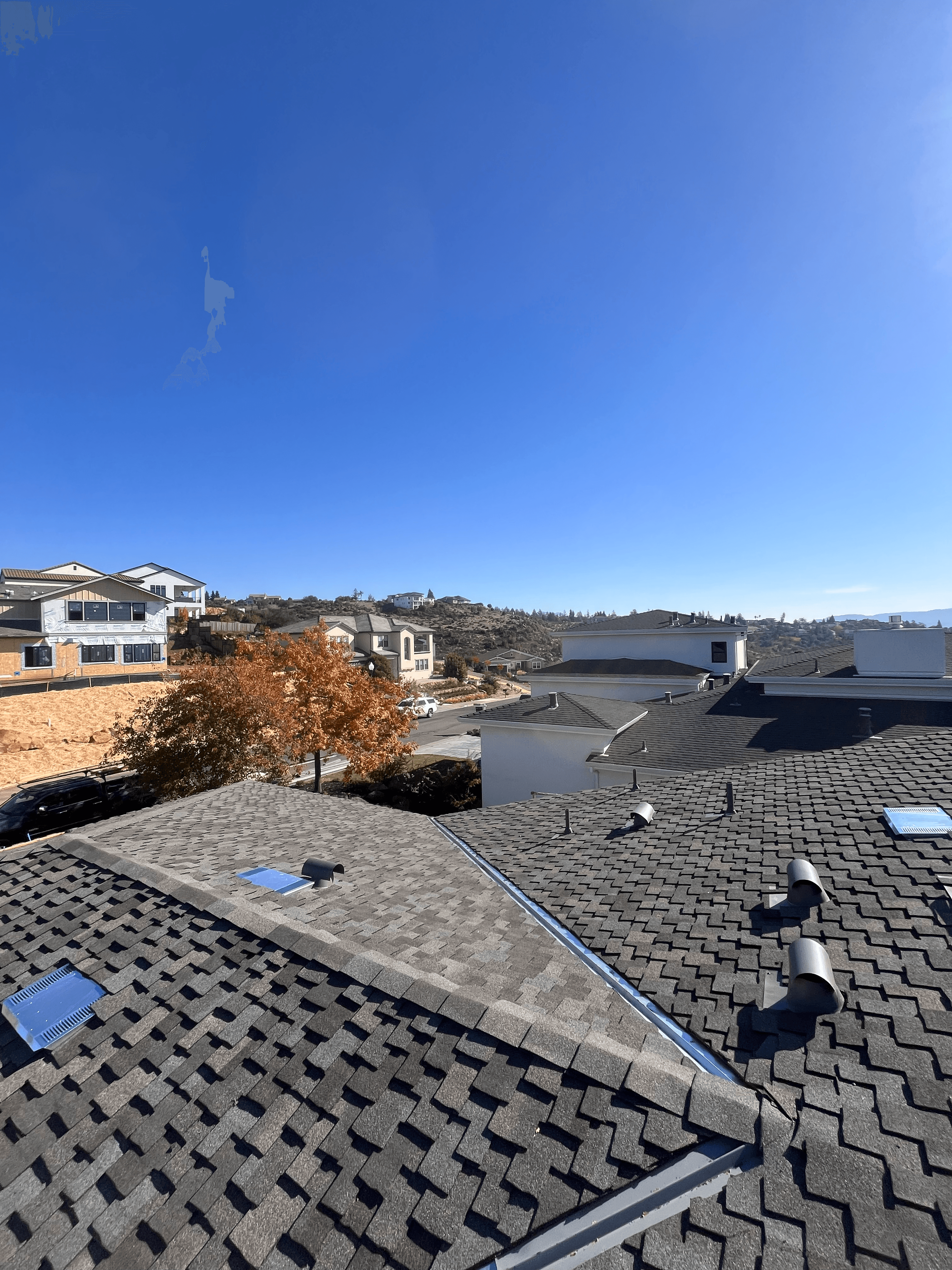 Dark shingled roof with vents and skylights, overlooking houses and a clear blue sky.